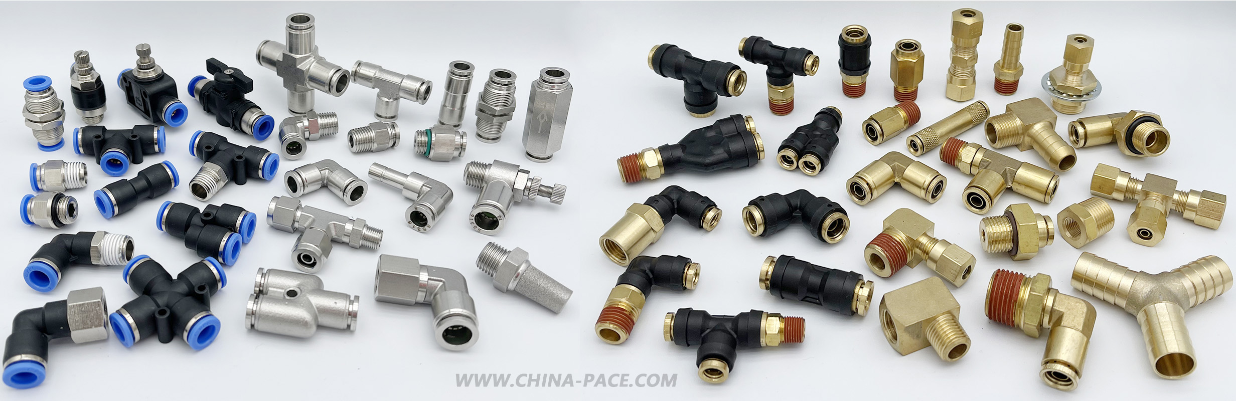 Pneumatic fittings, push in fittings, push to connect fittings, air fittings, push in air fittings