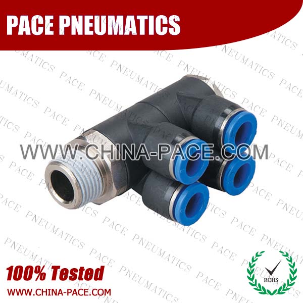 Double Branch Universal Male Elbow Push To Connect Fittings, Composite Pneumatic Fittings, Plastic Air Fittings, Polymer one touch tube fittings, Pneumatic Fitting, Nickel Plated Brass Push in Fittings, pneumatic accessories.